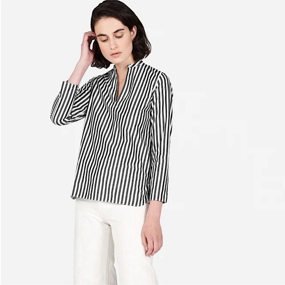 Everlane Black and White Vertical Stripe Popover Blouse